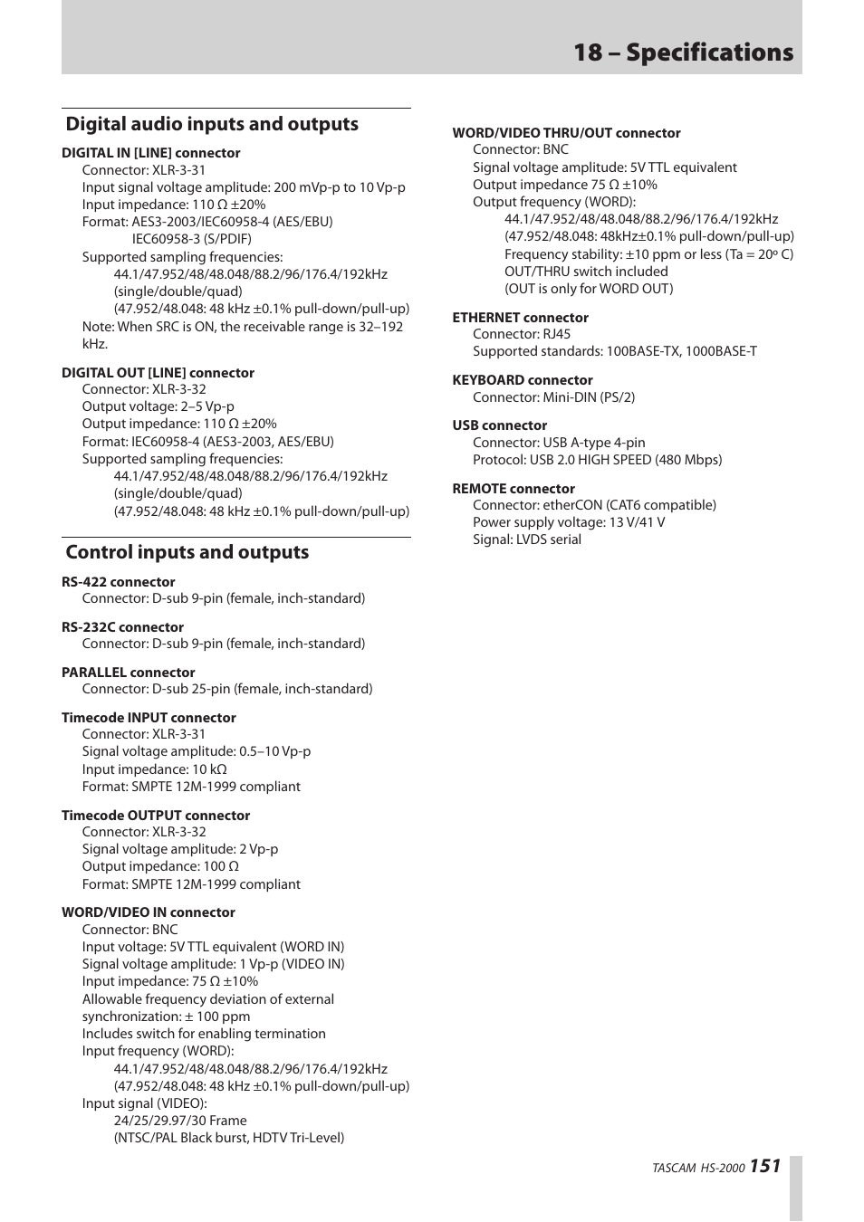 Digital audio inputs and outputs, Control inputs and outputs, 18 – specifications | Teac HS-2000 User Manual | Page 151 / 156