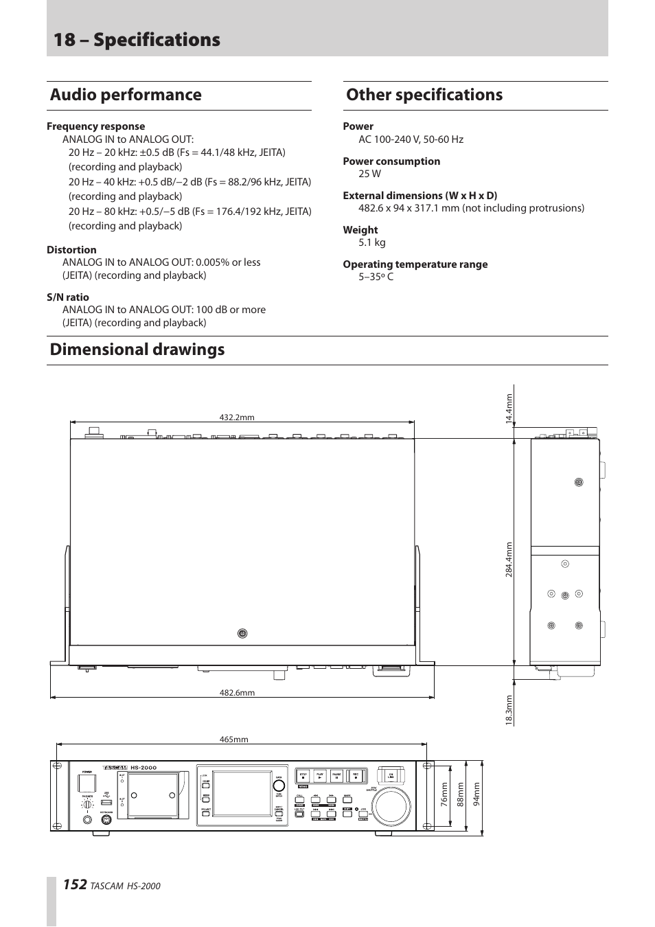 Audio performance, Other specifications, Dimensional drawings | 18 – specifications | Teac HS-2000 User Manual | Page 152 / 156