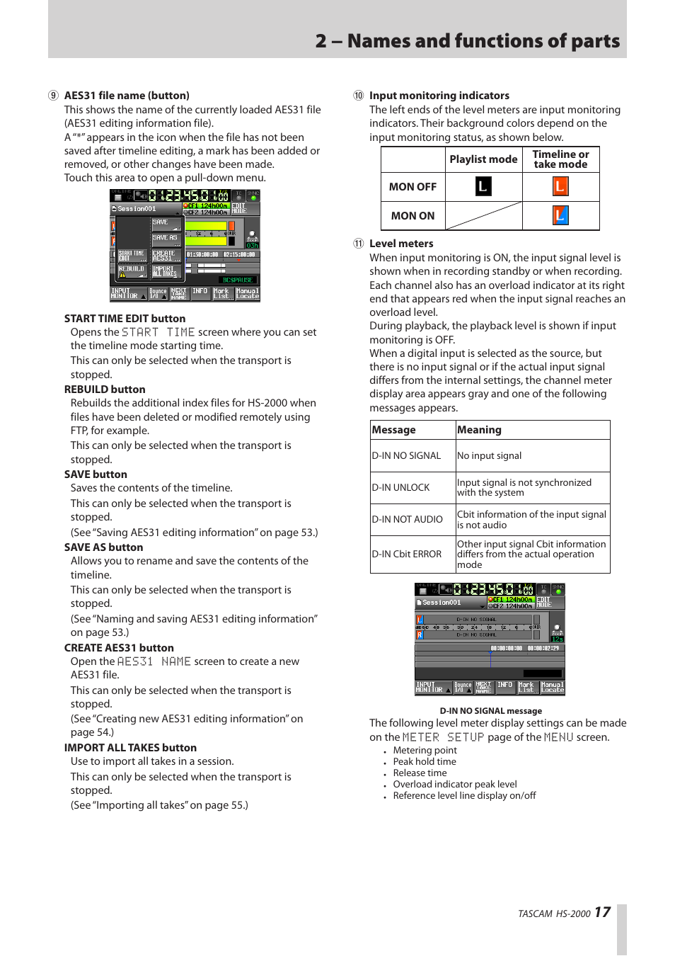 2 − names and functions of parts | Teac HS-2000 User Manual | Page 17 / 156