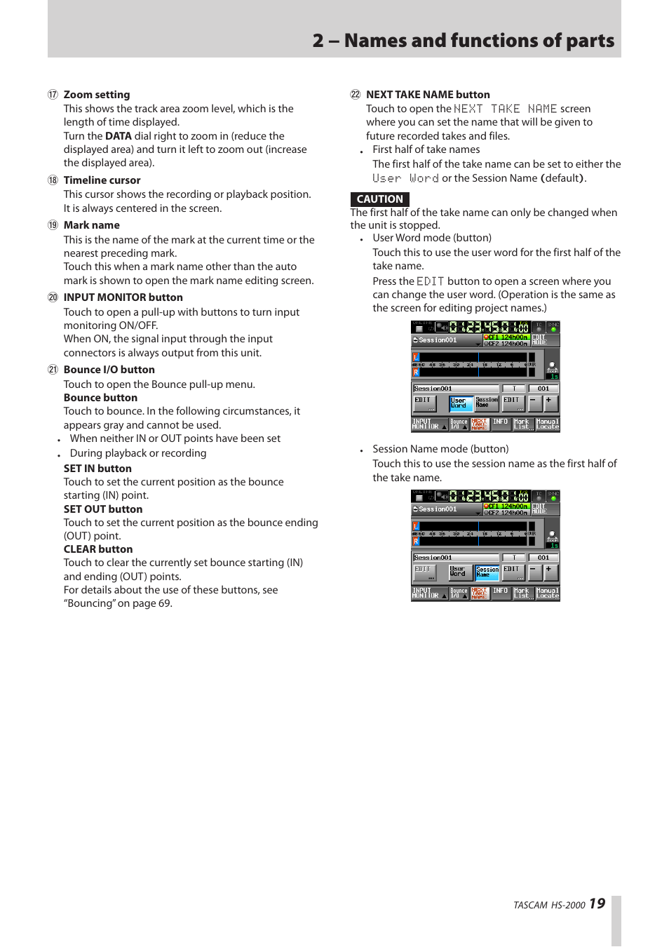 2 − names and functions of parts | Teac HS-2000 User Manual | Page 19 / 156