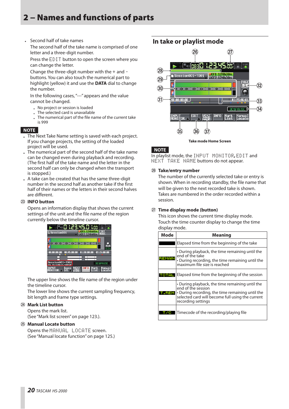 In take or playlist mode, 2 − names and functions of parts | Teac HS-2000 User Manual | Page 20 / 156