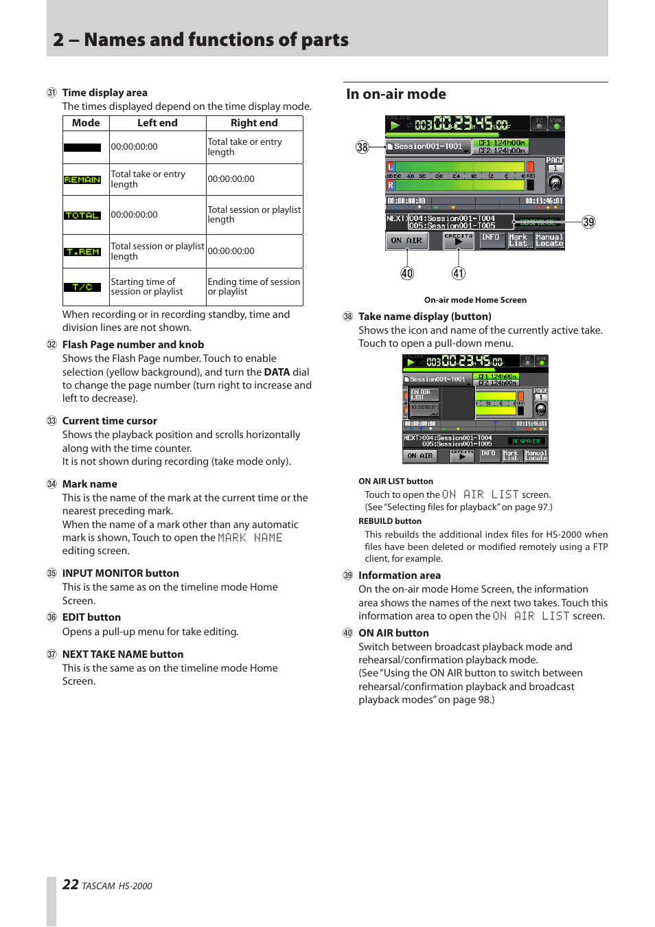 In on-air mode, 2 − names and functions of parts | Teac HS-2000 User Manual | Page 22 / 156