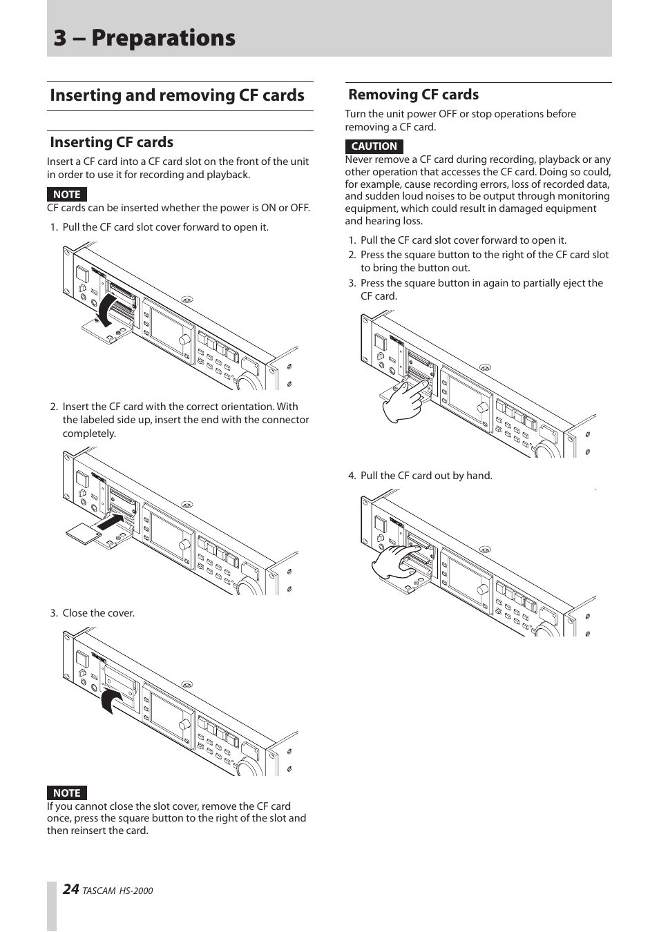 3 − preparations, Inserting and removing cf cards, Inserting cf cards | Removing cf cards | Teac HS-2000 User Manual | Page 24 / 156