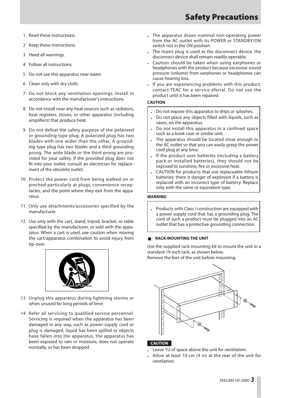 Safety precautions | Teac HS-2000 User Manual | Page 3 / 156