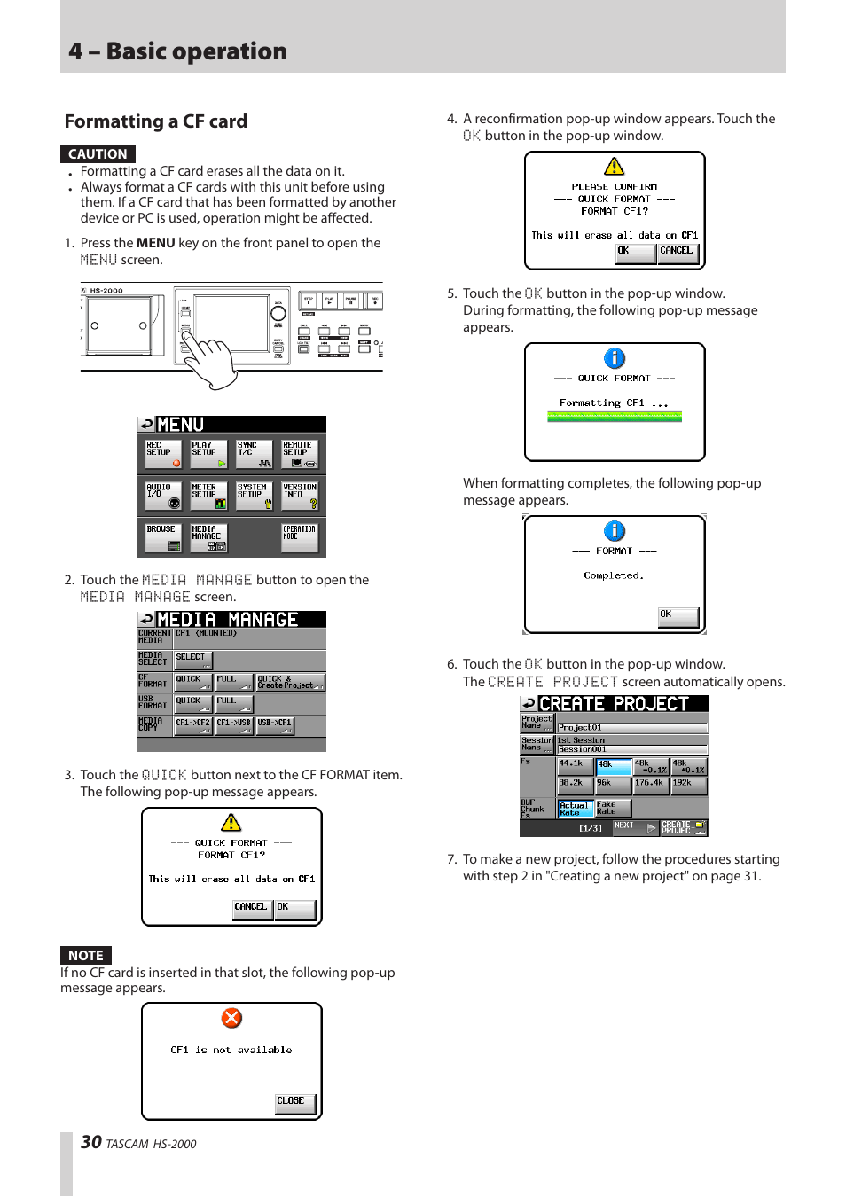 Formatting a cf card, 4 – basic operation | Teac HS-2000 User Manual | Page 30 / 156