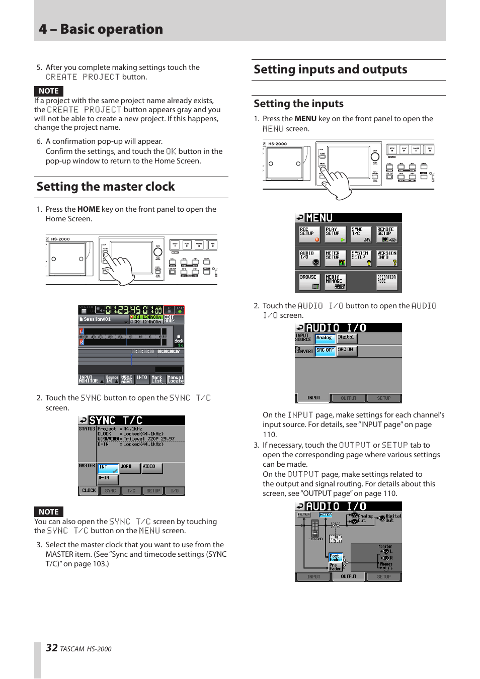 Setting the master clock, Setting inputs and outputs, Setting the inputs | 4 – basic operation | Teac HS-2000 User Manual | Page 32 / 156