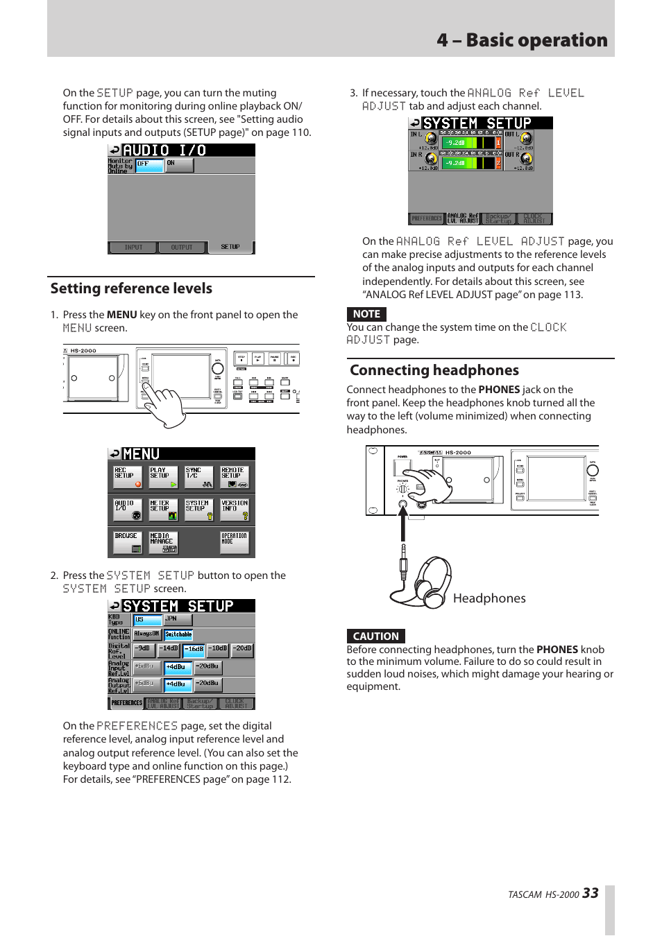 Setting reference levels, Connecting headphones, 4 – basic operation | Teac HS-2000 User Manual | Page 33 / 156