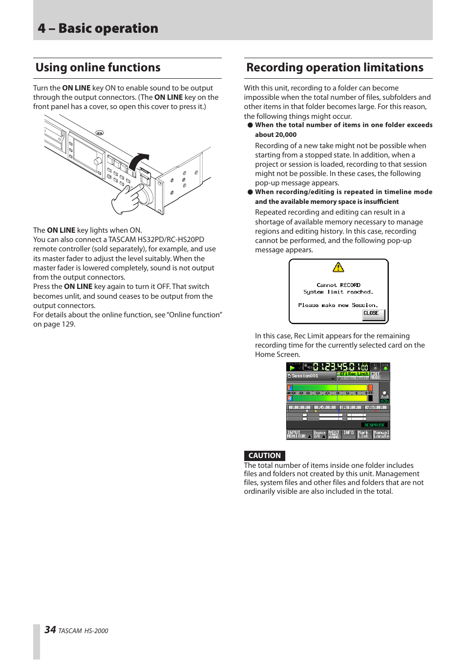 Using online functions, Recording operation limitations, 4 – basic operation | Teac HS-2000 User Manual | Page 34 / 156