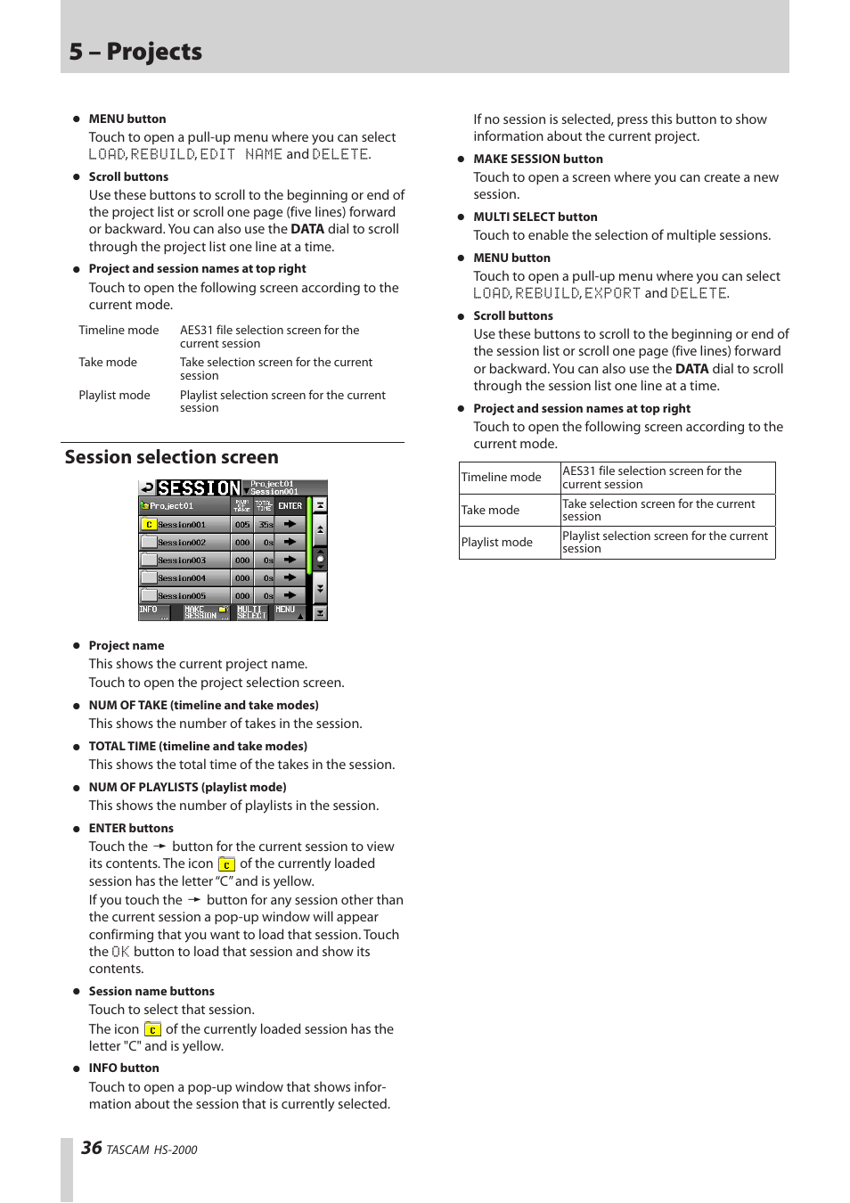 Session selection screen, 5 – projects | Teac HS-2000 User Manual | Page 36 / 156