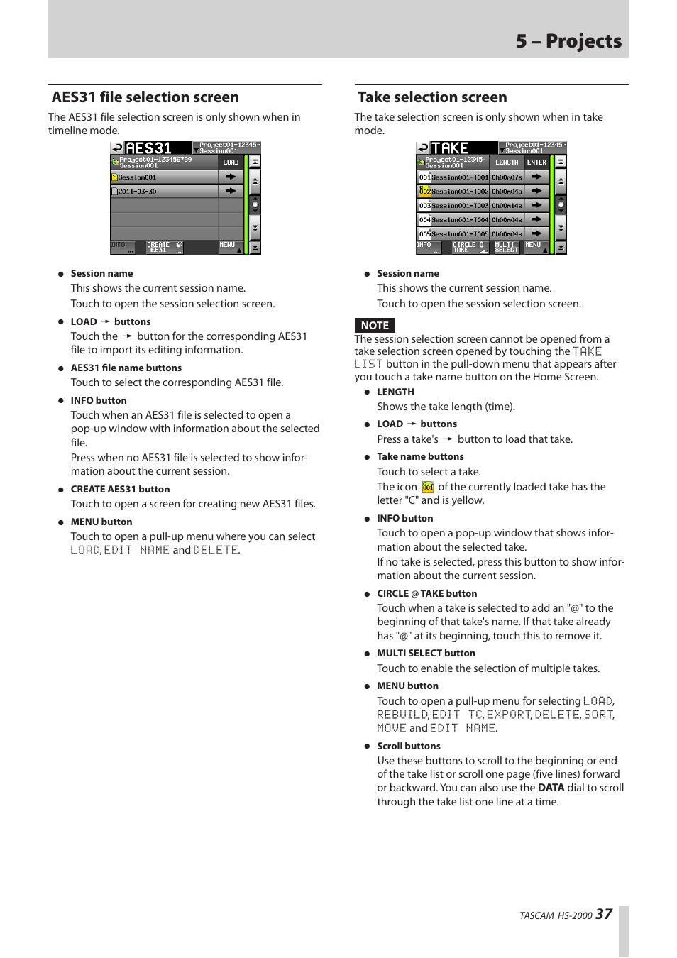 Aes31 file selection screen, Take selection screen, 5 – projects | Teac HS-2000 User Manual | Page 37 / 156