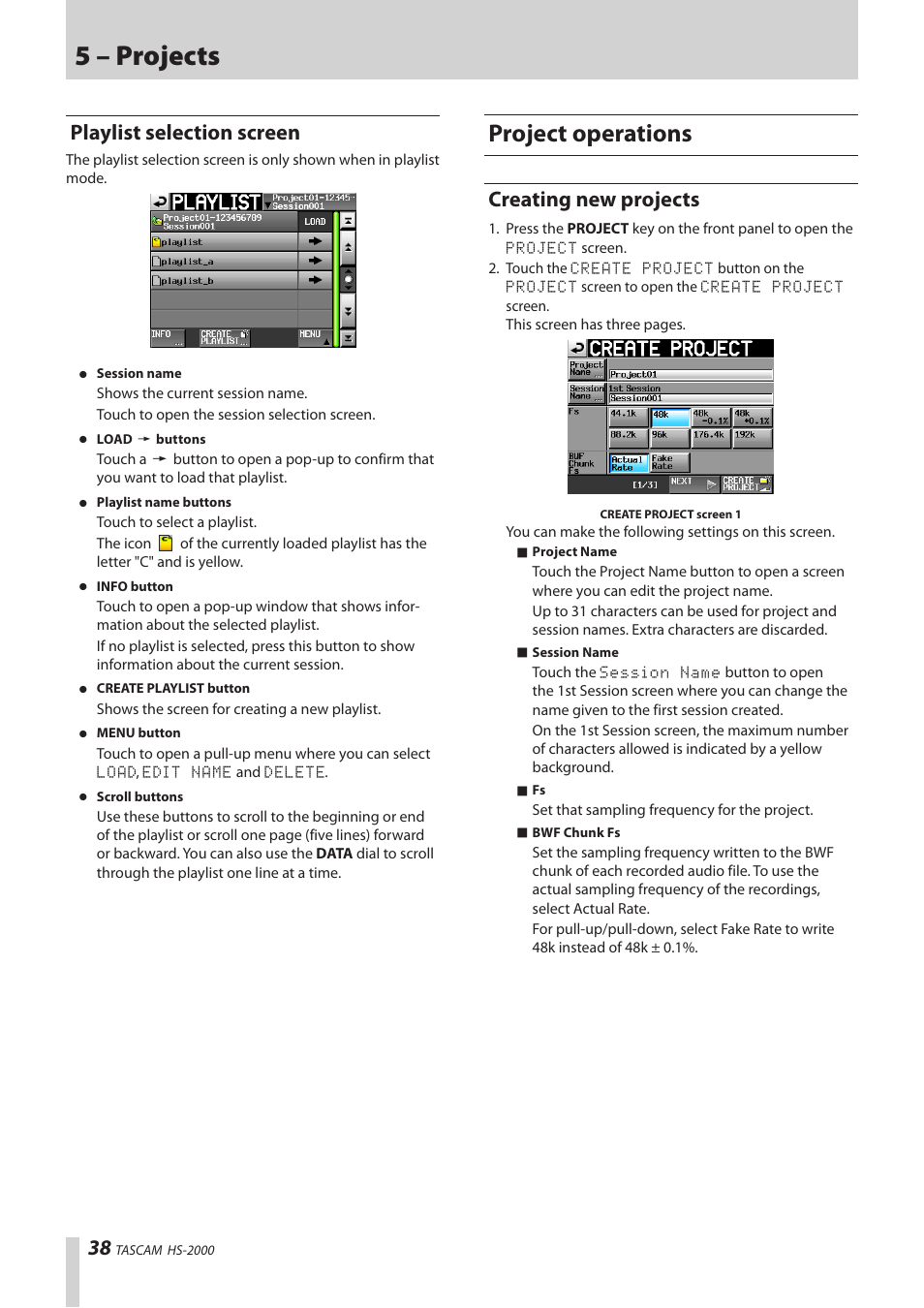 Playlist selection screen, Project operations, Creating new projects | 5 – projects | Teac HS-2000 User Manual | Page 38 / 156