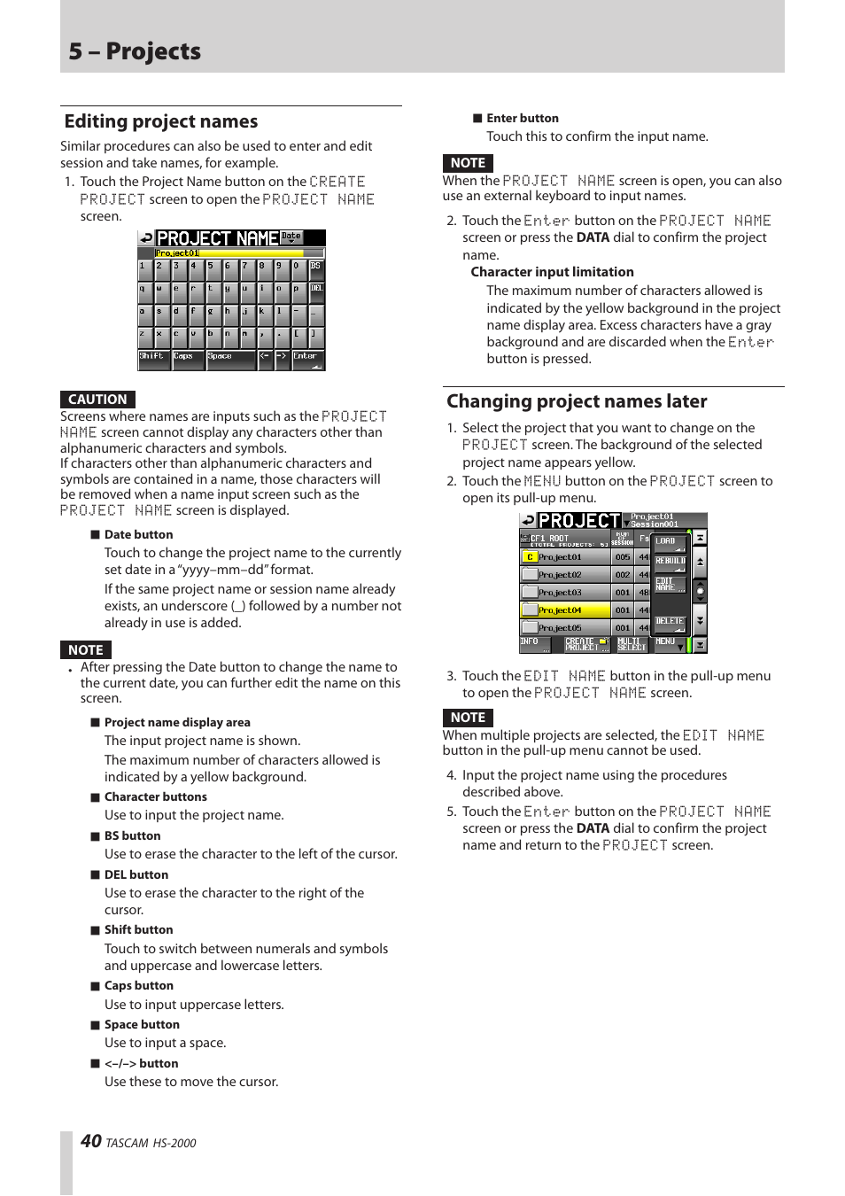 Editing project names, Changing project names later, 5 – projects | Teac HS-2000 User Manual | Page 40 / 156