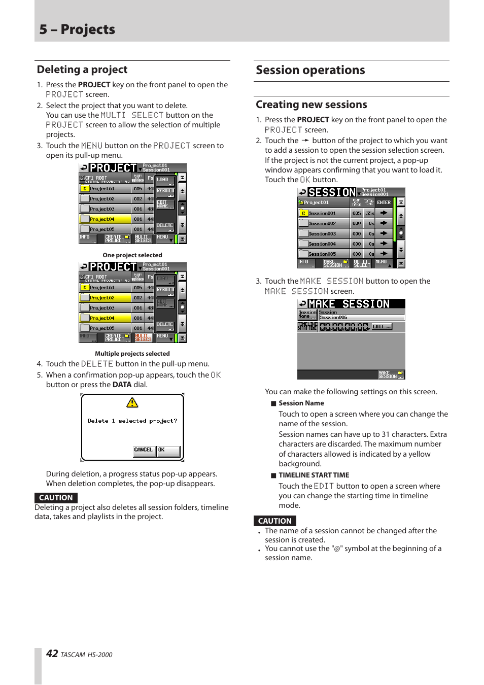 Deleting a project, Session operations, Creating new sessions | 5 – projects | Teac HS-2000 User Manual | Page 42 / 156