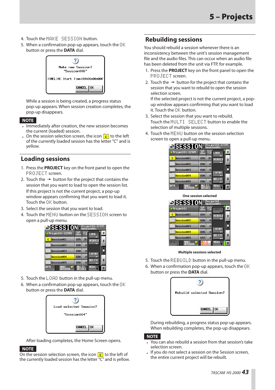 Loading sessions, Rebuilding sessions, 5 – projects | Teac HS-2000 User Manual | Page 43 / 156