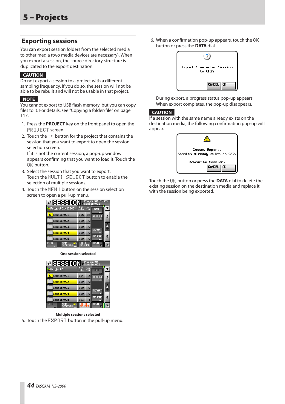 Exporting sessions, 5 – projects | Teac HS-2000 User Manual | Page 44 / 156