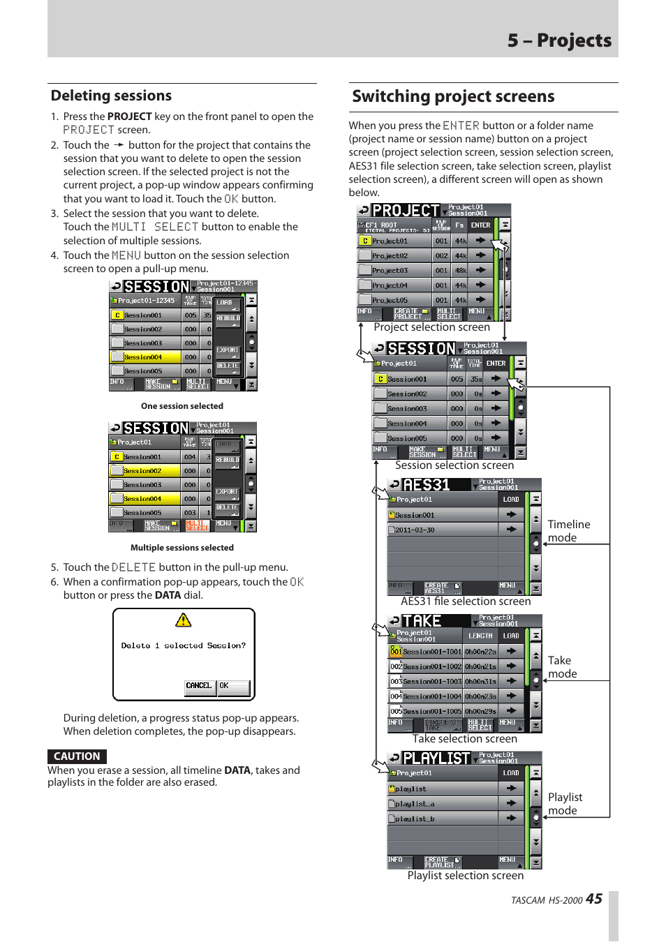 Deleting sessions, Switching project screens, 5 – projects | Teac HS-2000 User Manual | Page 45 / 156