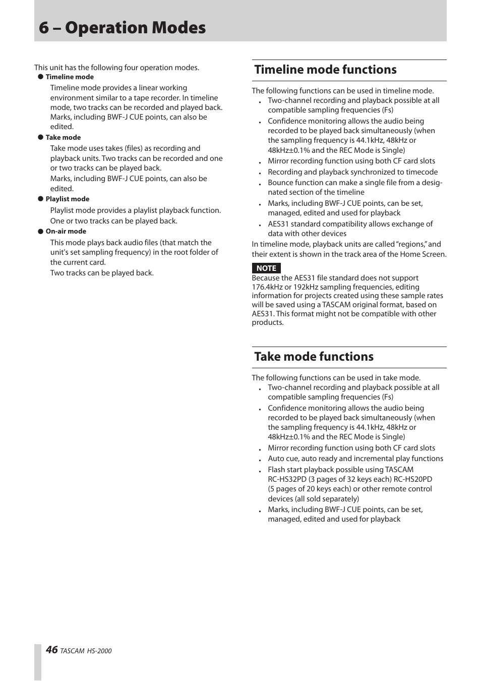 6 – operation modes, Timeline mode functions, Take mode functions | Teac HS-2000 User Manual | Page 46 / 156