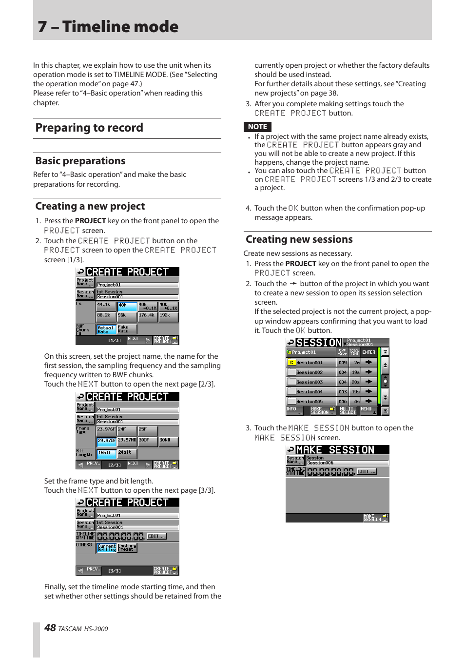 7 – timeline mode, Preparing to record, Basic preparations | Creating a new project, Creating new sessions | Teac HS-2000 User Manual | Page 48 / 156