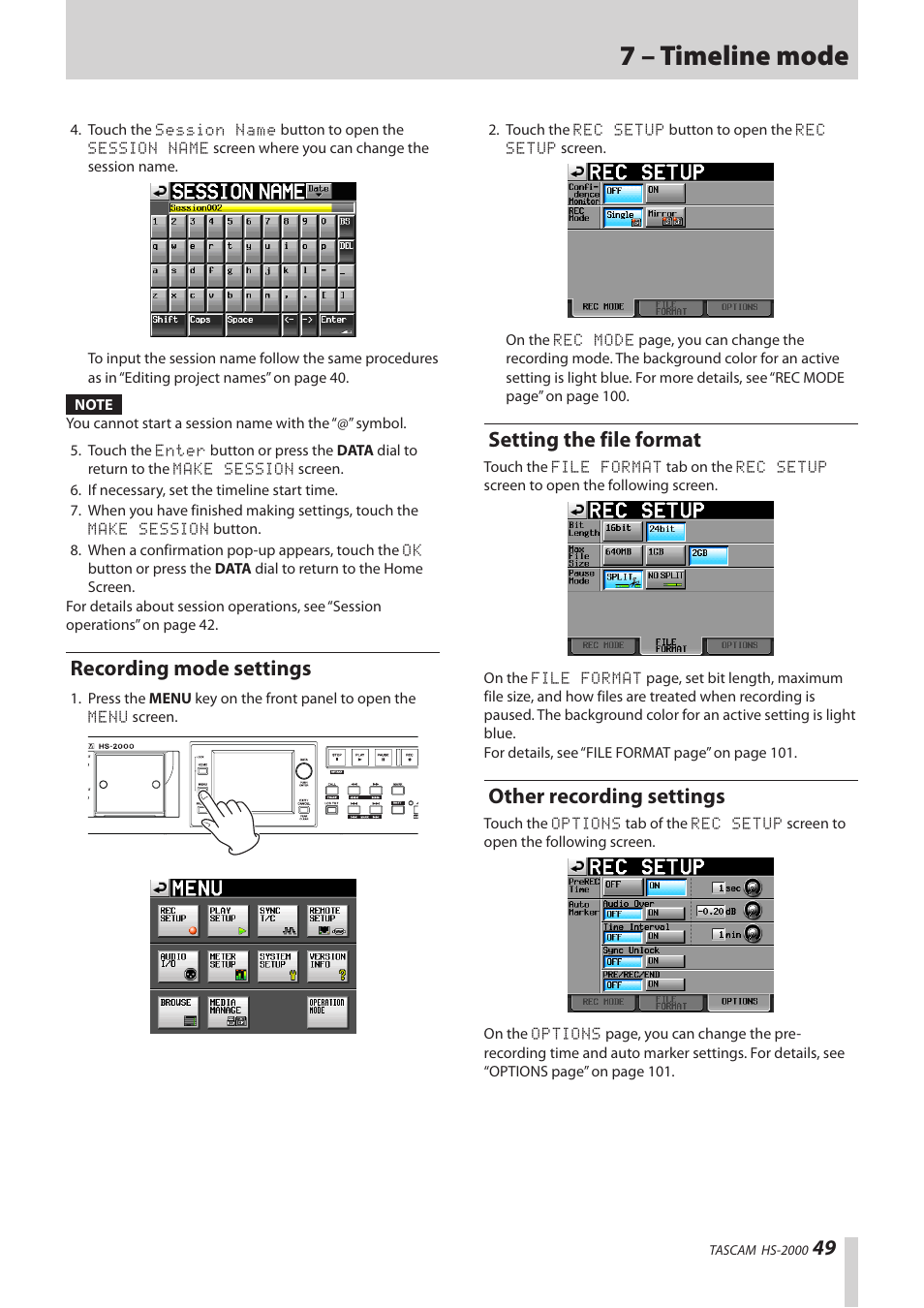 Recording mode settings, Setting the file format, Other recording settings | 7 – timeline mode | Teac HS-2000 User Manual | Page 49 / 156