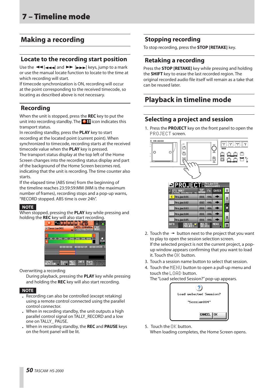 Making a recording, Locate to the recording start position, Recording | Stopping recording, Retaking a recording, Playback in timeline mode, Selecting a project and session, 7 – timeline mode | Teac HS-2000 User Manual | Page 50 / 156