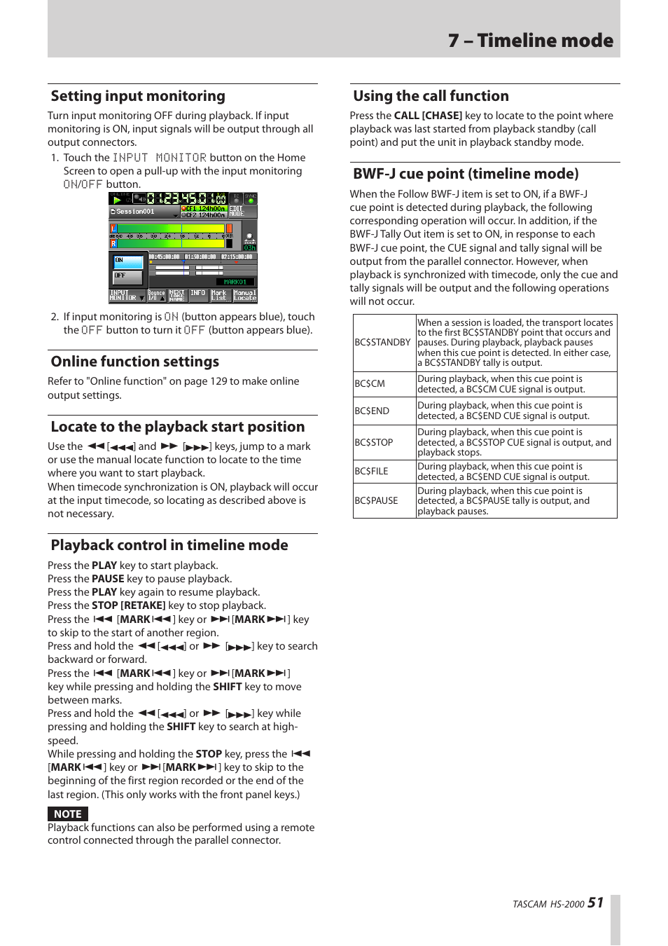 Setting input monitoring, Online function settings, Locate to the playback start position | Playback control in timeline mode, Using the call function, Bwf-j cue point (timeline mode), 7 – timeline mode | Teac HS-2000 User Manual | Page 51 / 156