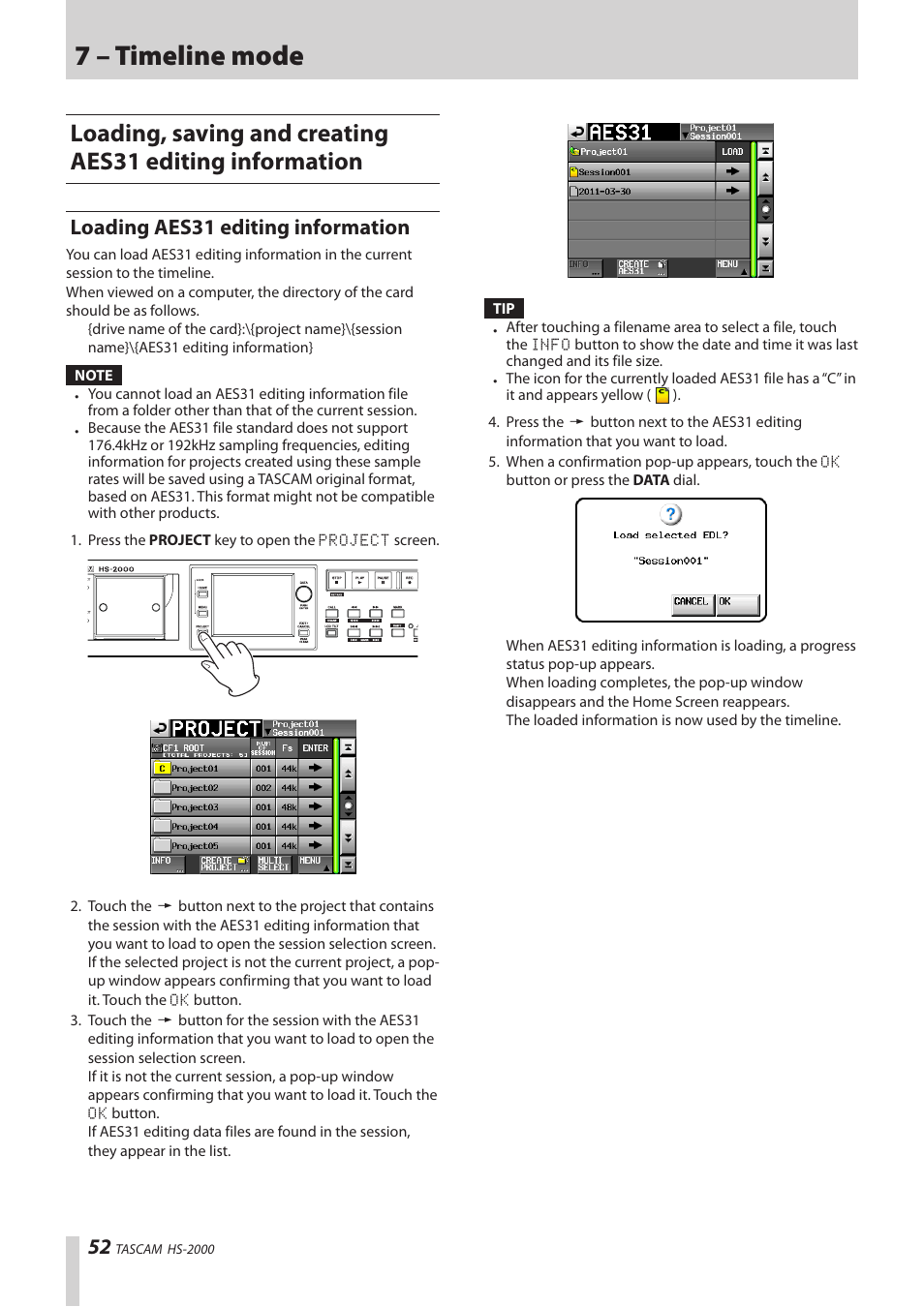 Loading aes31 editing information, Loading, saving and creating aes31 editing, Information | 7 – timeline mode | Teac HS-2000 User Manual | Page 52 / 156