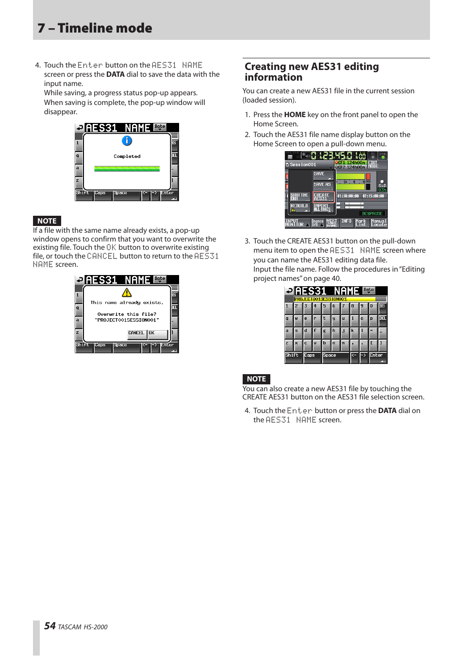 Creating new aes31 editing information, 7 – timeline mode | Teac HS-2000 User Manual | Page 54 / 156