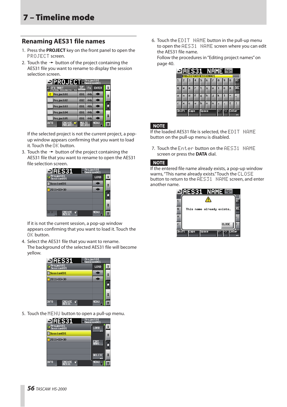 Renaming aes31 file names, 7 – timeline mode | Teac HS-2000 User Manual | Page 56 / 156