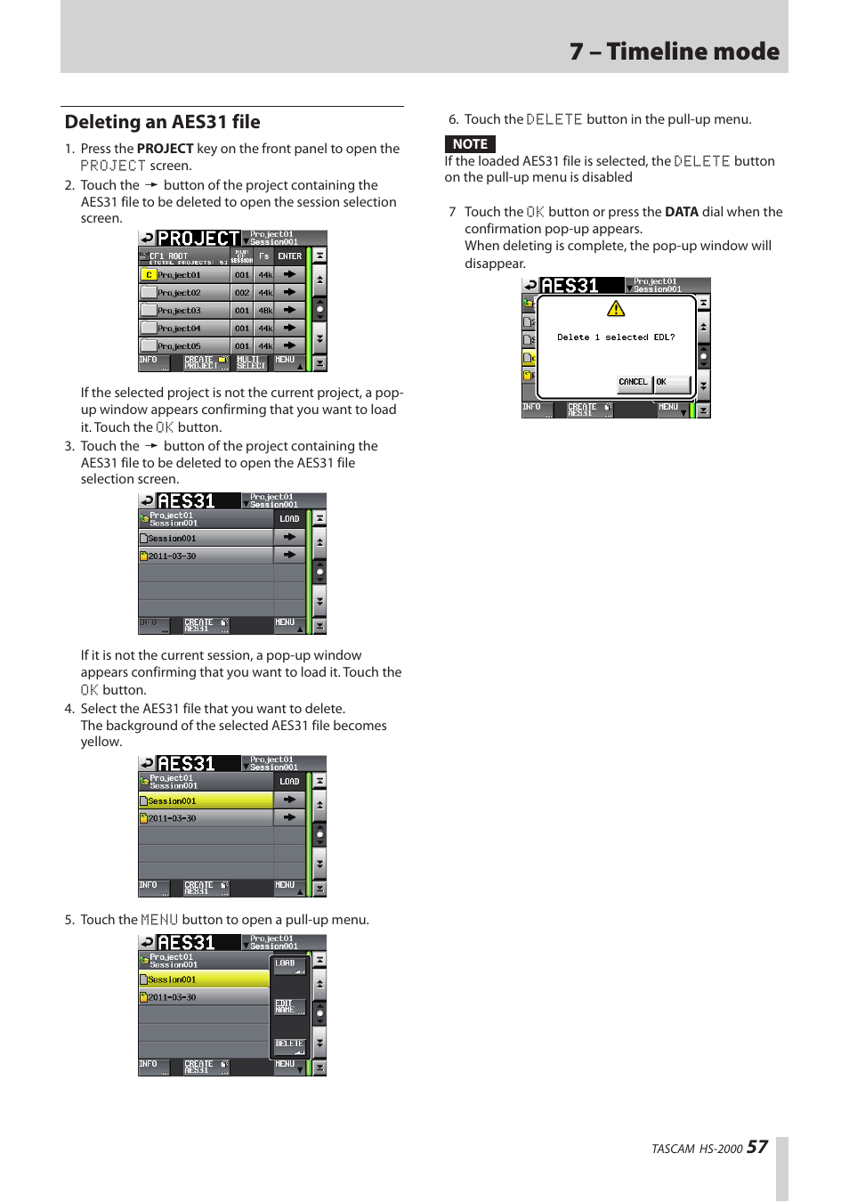 Deleting an aes31 file, 7 – timeline mode | Teac HS-2000 User Manual | Page 57 / 156