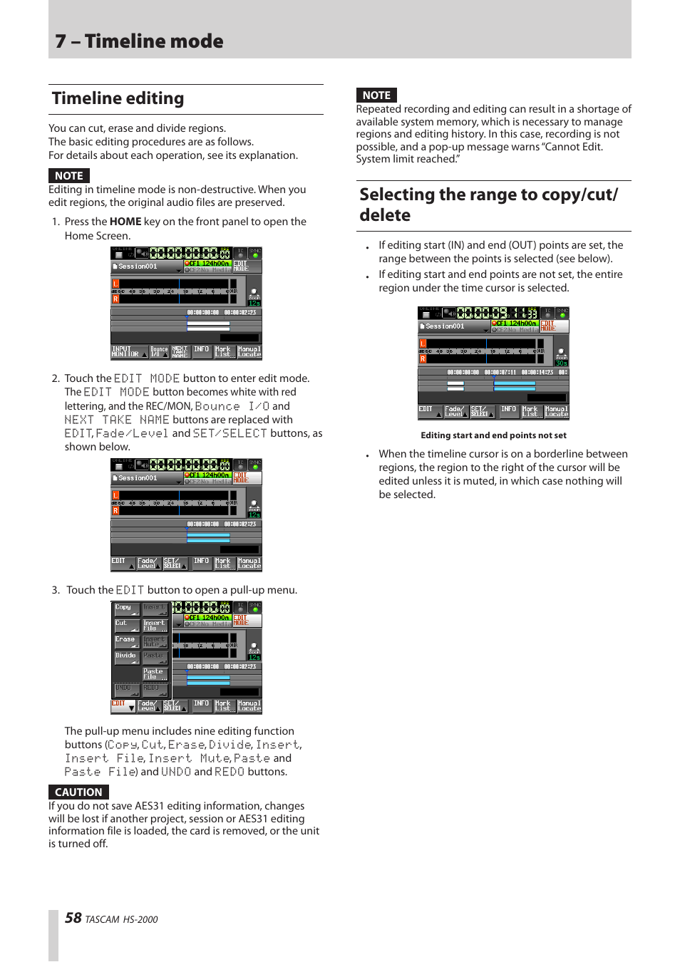 Timeline editing, Selecting the range to copy/cut/delete, 7 – timeline mode | Selecting the range to copy/cut/ delete | Teac HS-2000 User Manual | Page 58 / 156