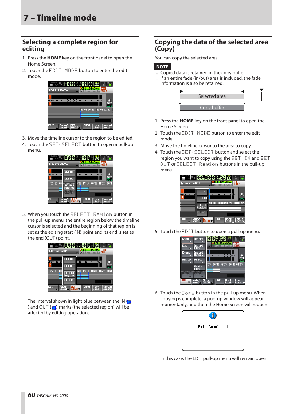 Selecting a complete region for editing, Copying the data of the selected area (copy), Copying the data of the selected area (copy) .60 | 7 – timeline mode | Teac HS-2000 User Manual | Page 60 / 156