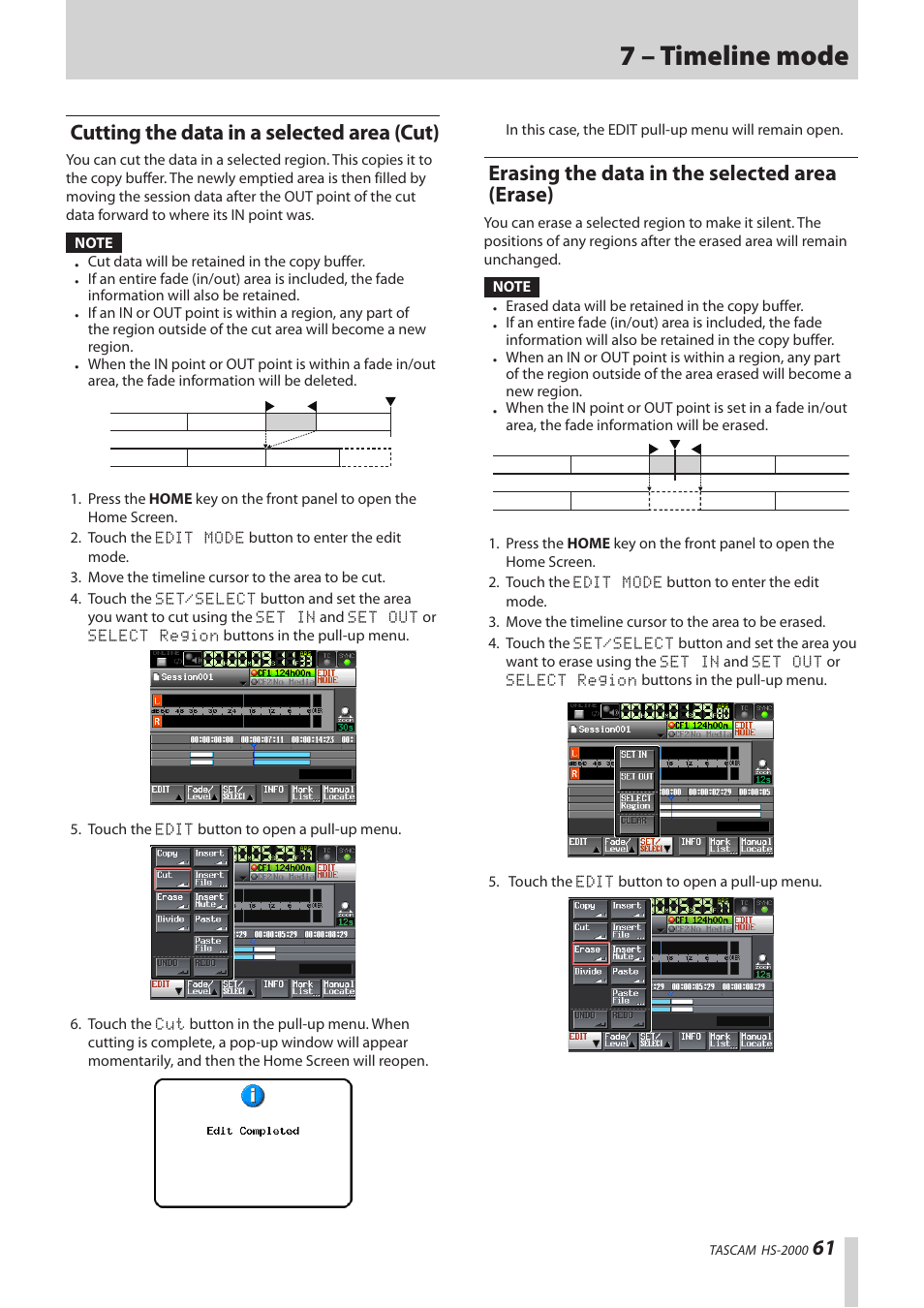 Cutting the data in a selected area (cut), Erasing the data in the selected area (erase), 7 – timeline mode | Teac HS-2000 User Manual | Page 61 / 156