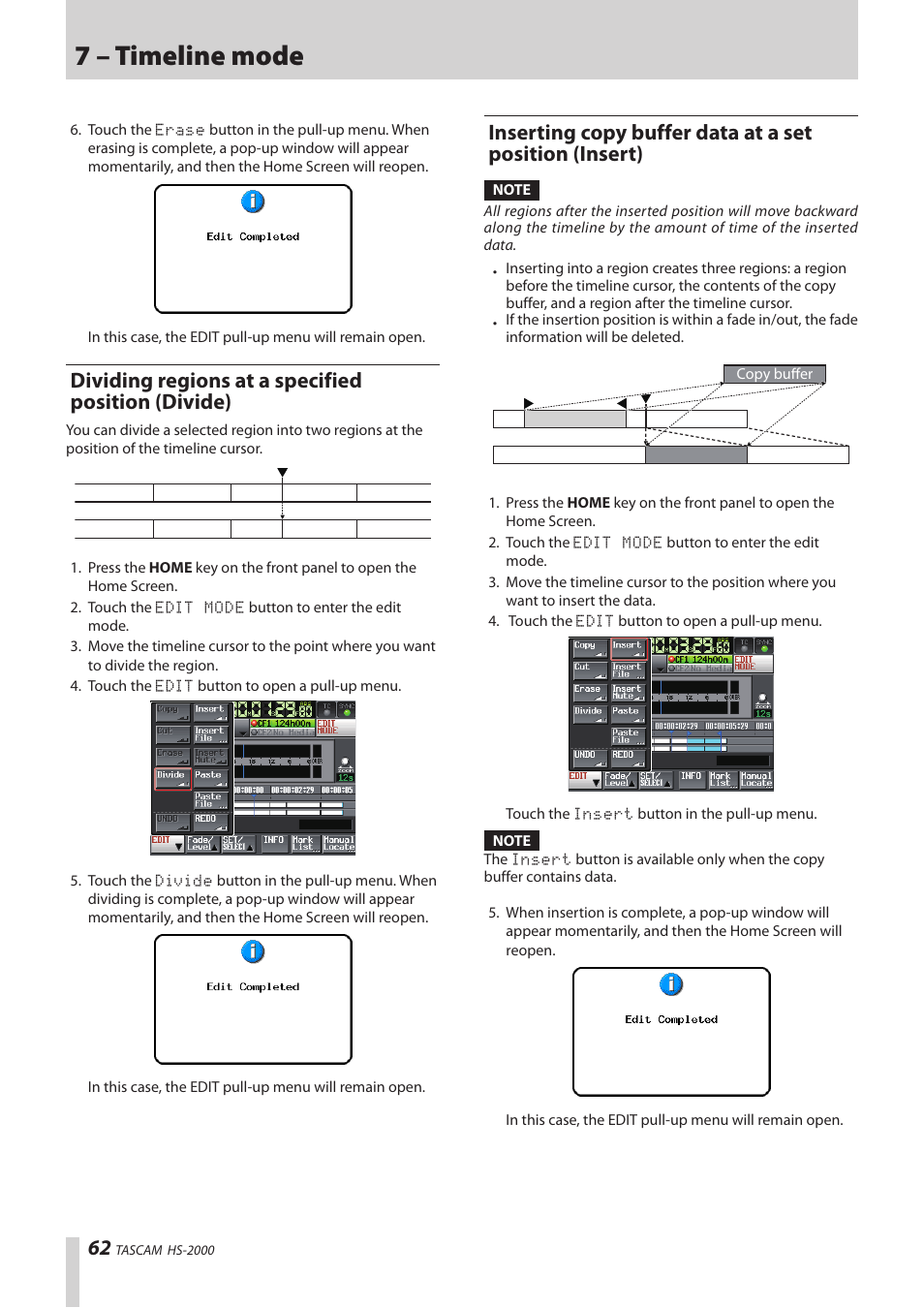 Dividing regions at a specified position (divide), Inserting copy buffer data at a set position, Insert) | 7 – timeline mode | Teac HS-2000 User Manual | Page 62 / 156