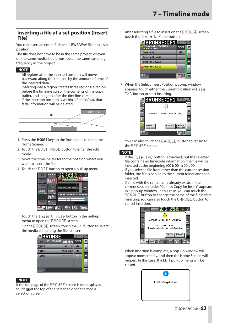 Inserting a file at a set position (insert file), 7 – timeline mode | Teac HS-2000 User Manual | Page 63 / 156