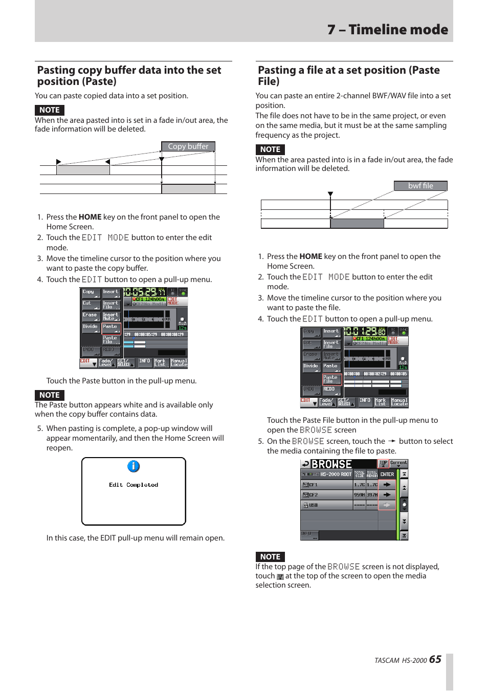 Pasting a file at a set position (paste file), Pasting copy buffer data into the set position, Paste) | 7 – timeline mode | Teac HS-2000 User Manual | Page 65 / 156