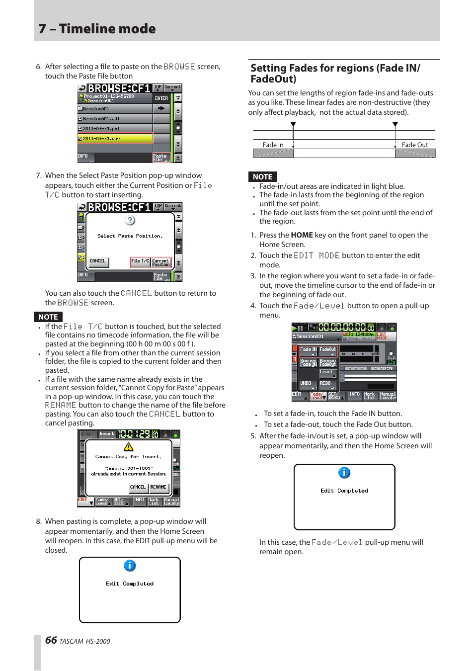 Setting fades for regions (fade in/fadeout), 7 – timeline mode, Setting fades for regions (fade in/ fadeout) | Teac HS-2000 User Manual | Page 66 / 156