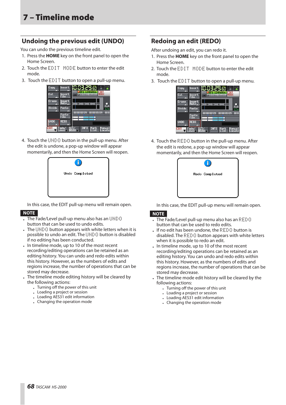 Undoing the previous edit (undo), Redoing an edit (redo), 7 – timeline mode | Teac HS-2000 User Manual | Page 68 / 156