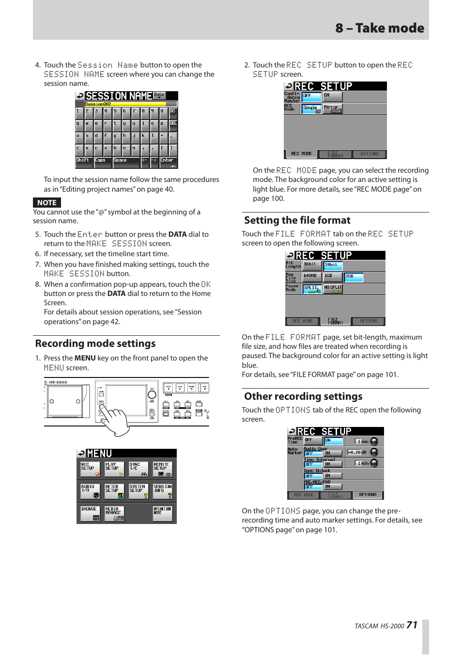 Recording mode settings, Setting the file format, Other recording settings | 8 – take mode | Teac HS-2000 User Manual | Page 71 / 156