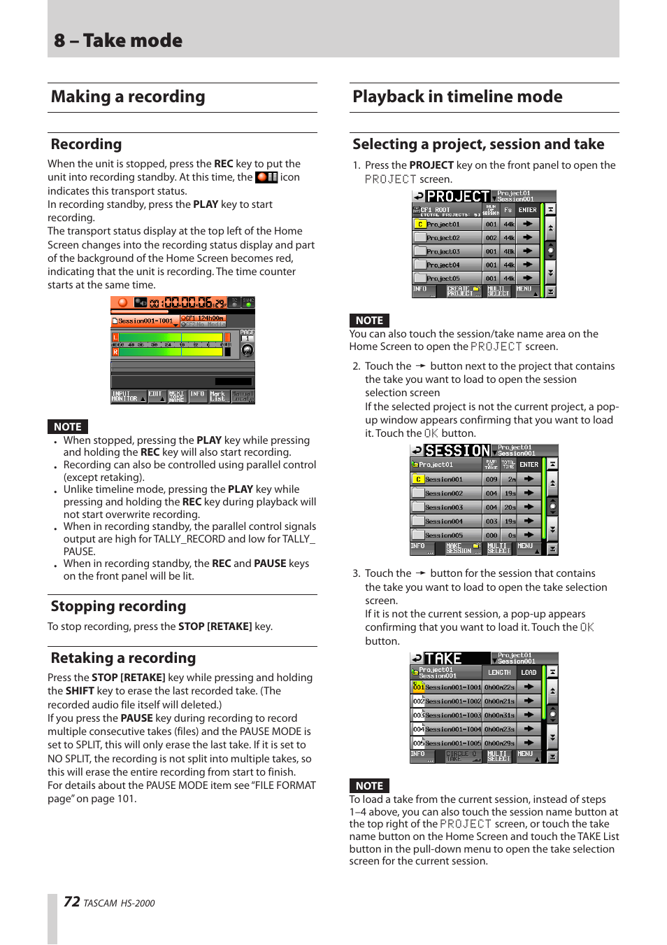 Making a recording, Recording, Stopping recording | Retaking a recording, Playback in timeline mode, Selecting a project, session and take, 8 – take mode | Teac HS-2000 User Manual | Page 72 / 156