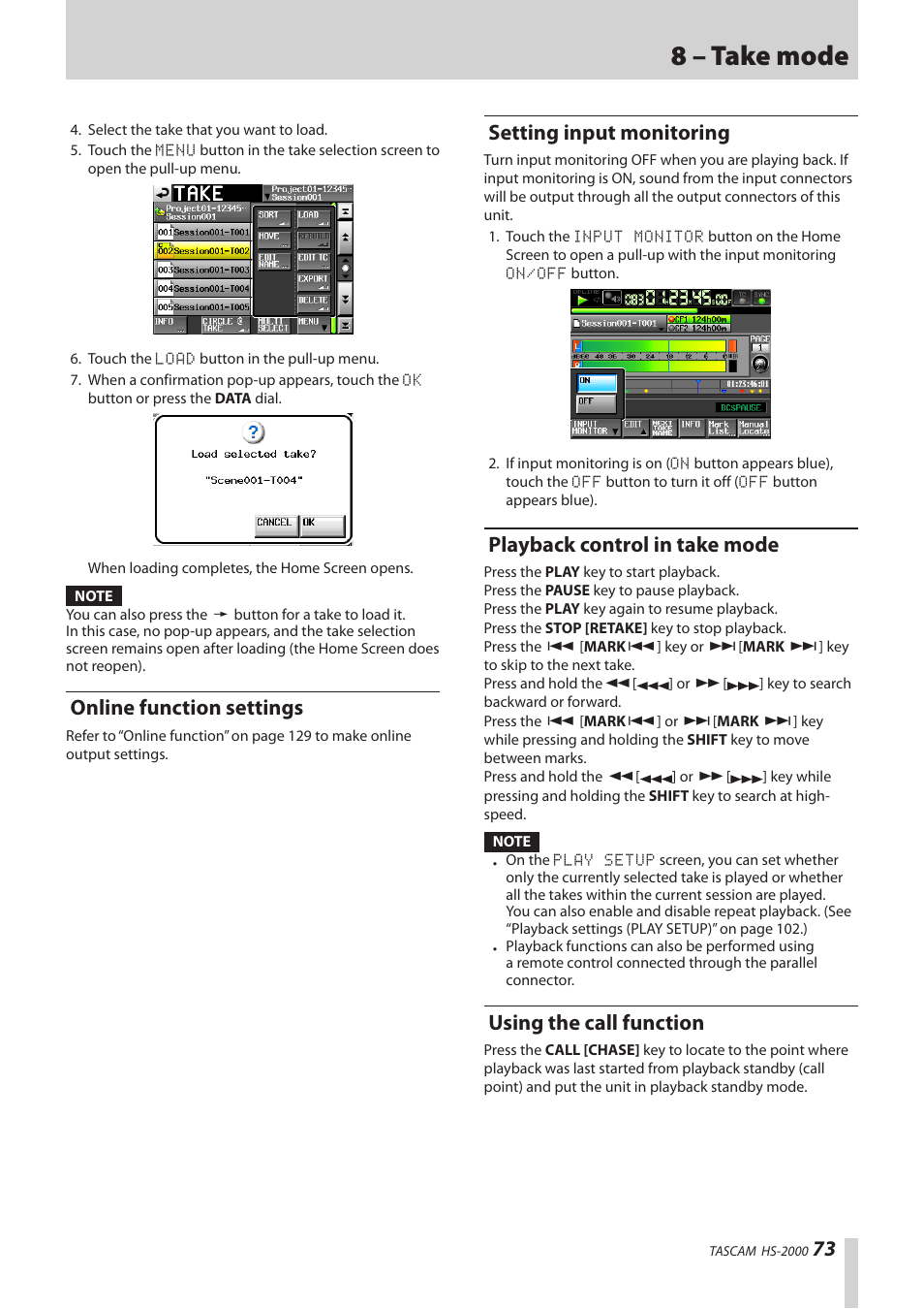 Online function settings, Setting input monitoring, Playback control in take mode | Using the call function, 8 – take mode | Teac HS-2000 User Manual | Page 73 / 156