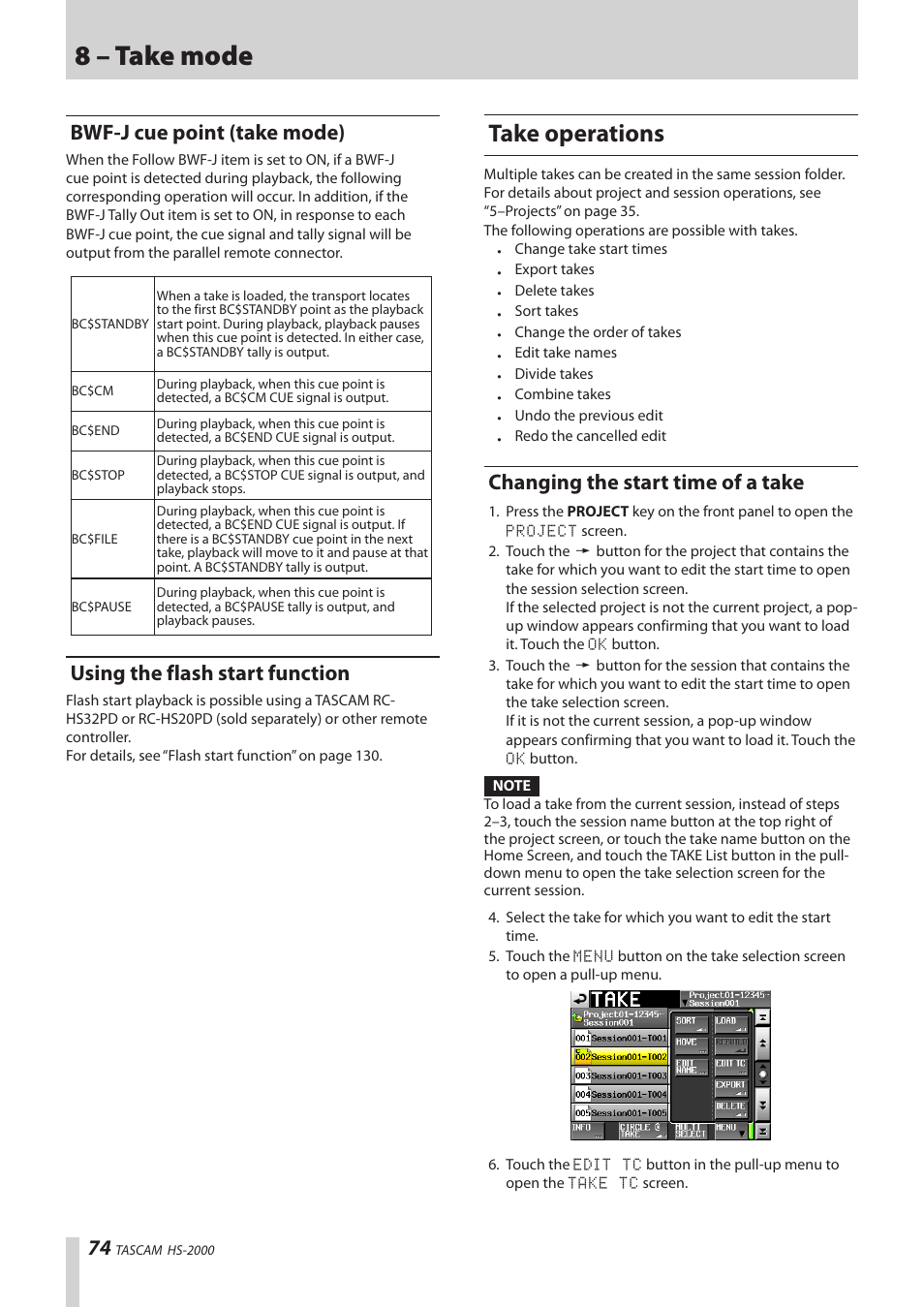 Bwf-j cue point (take mode), Using the flash start function, Take operations | Changing the start time of a take, 8 – take mode | Teac HS-2000 User Manual | Page 74 / 156