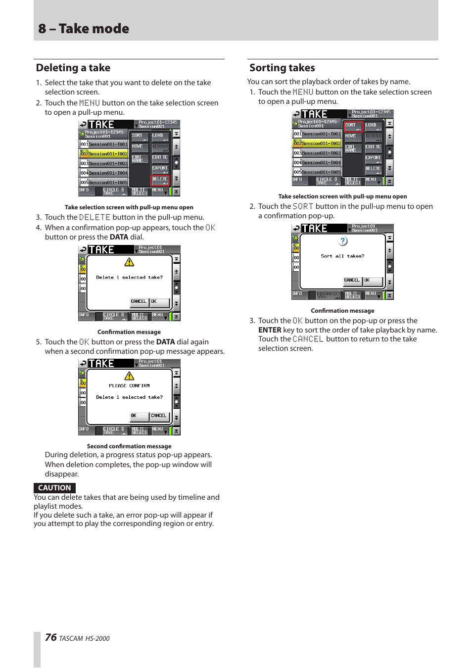 Deleting a take, Sorting takes, 8 – take mode | Teac HS-2000 User Manual | Page 76 / 156