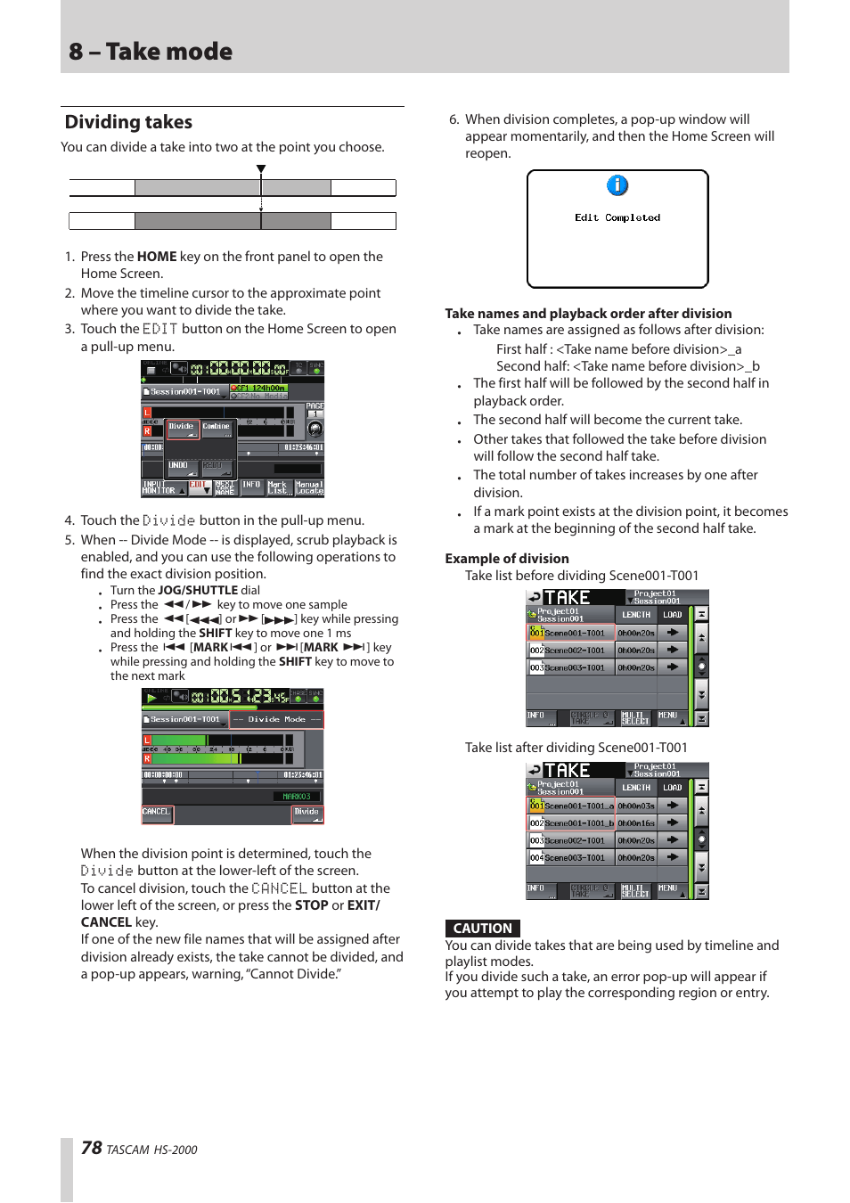 Dividing takes, 8 – take mode | Teac HS-2000 User Manual | Page 78 / 156