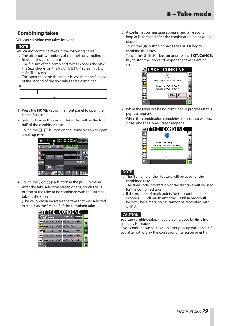 Combining takes, 8 – take mode | Teac HS-2000 User Manual | Page 79 / 156