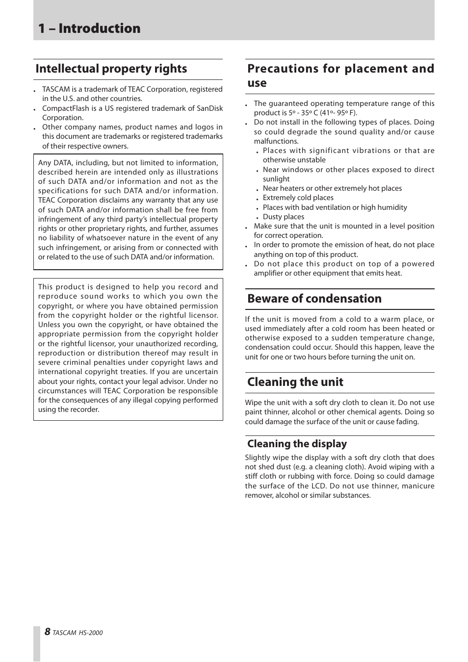 Intellectual property rights, Precautions for placement and use, Beware of condensation | Cleaning the unit, Cleaning the display, 1 – introduction | Teac HS-2000 User Manual | Page 8 / 156