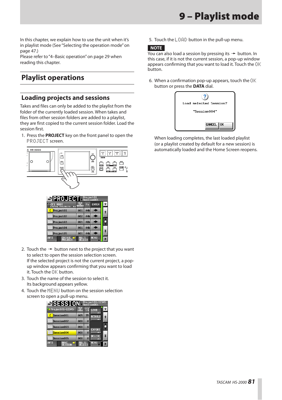 9 – playlist mode, Playlist operations, Loading projects and sessions | Teac HS-2000 User Manual | Page 81 / 156