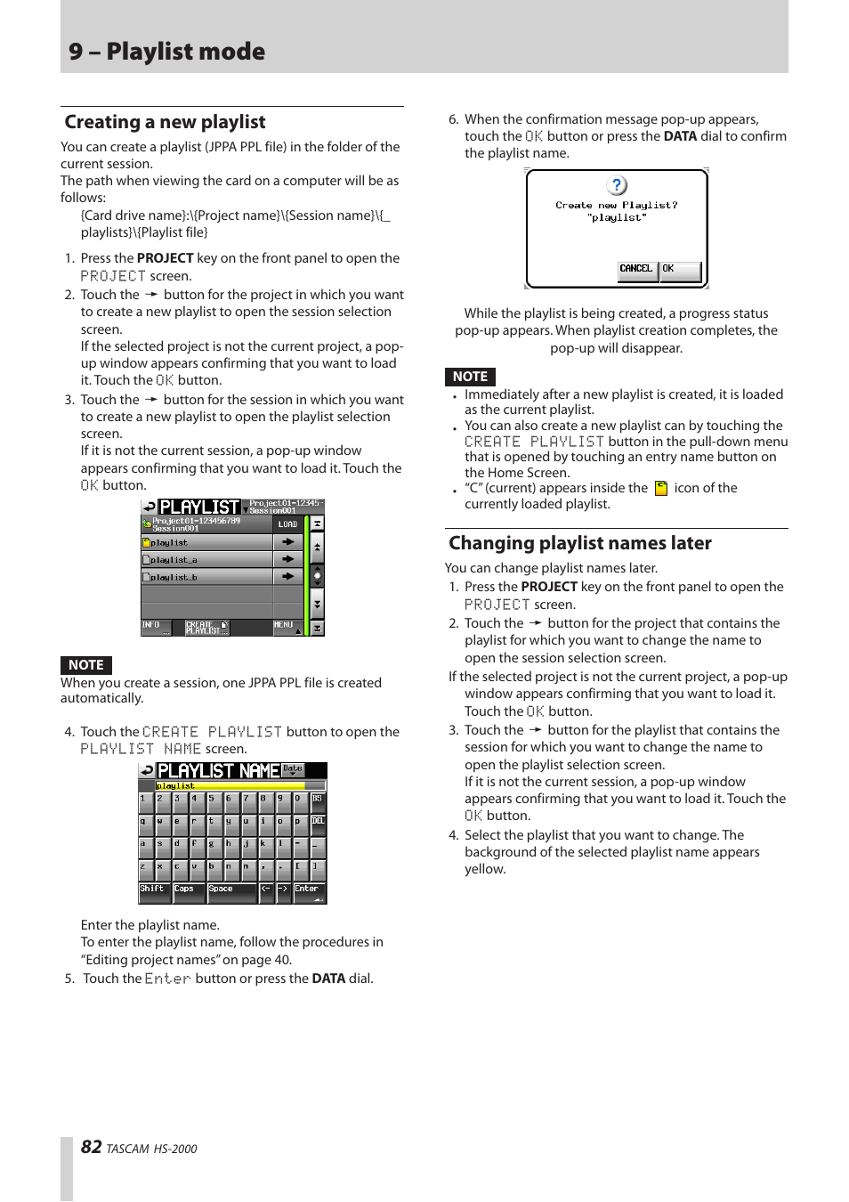 Creating a new playlist, Changing playlist names later, 9 – playlist mode | Teac HS-2000 User Manual | Page 82 / 156