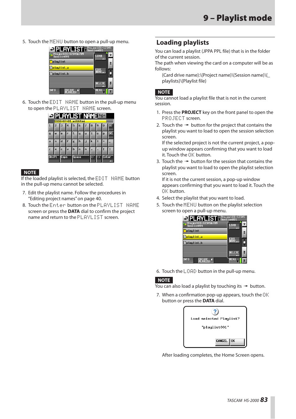 Loading playlists, 9 – playlist mode | Teac HS-2000 User Manual | Page 83 / 156