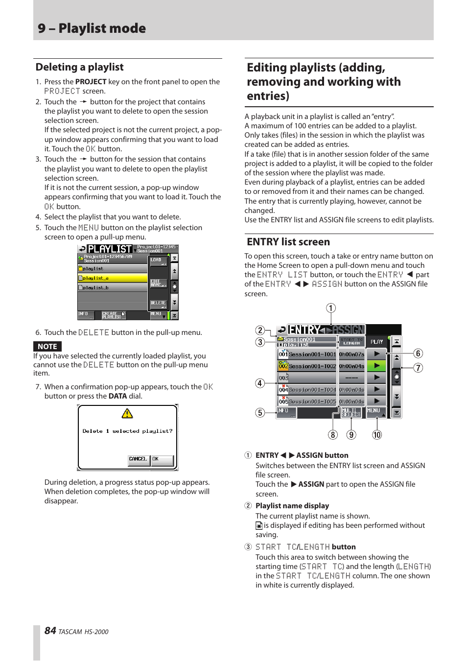 Deleting a playlist, Entry list screen, Editing playlists (adding, removing and working | With entries), 9 – playlist mode | Teac HS-2000 User Manual | Page 84 / 156