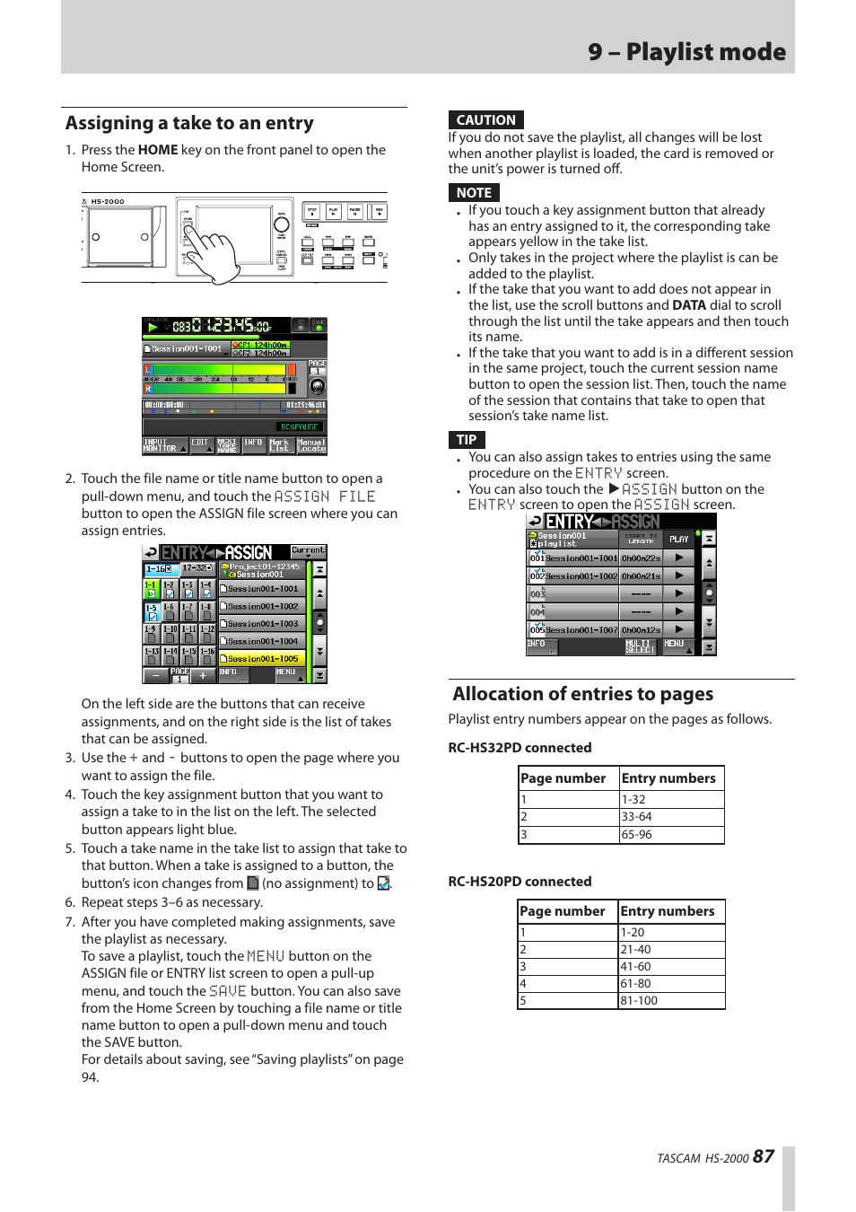 Assigning a take to an entry, 9 – playlist mode, Allocation of entries to pages | Teac HS-2000 User Manual | Page 87 / 156